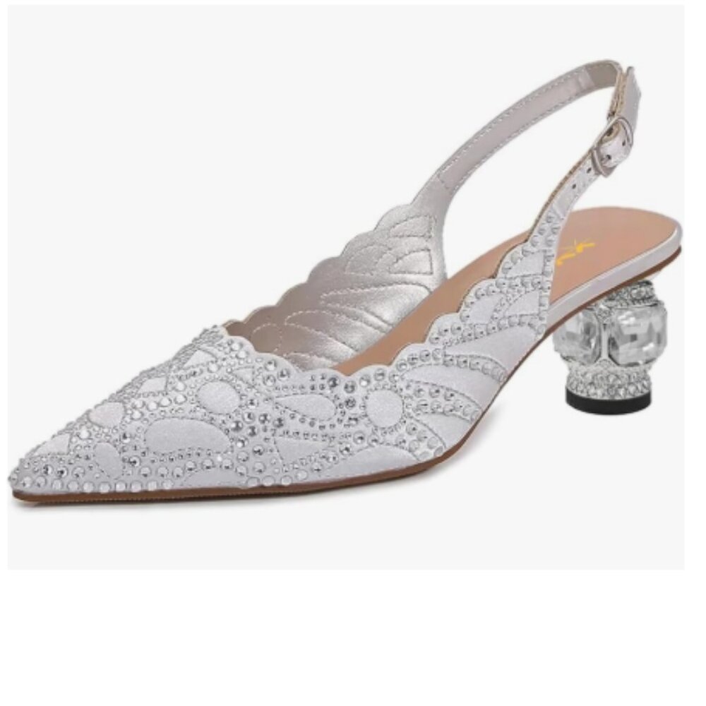 XYD Silver Gray Rhinestones Pointed Toe Slingback Crystal Block Low Heel Sandals